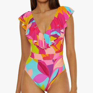 Trina Turk Lilleth Ruffle One Piece Tropical Print Swimsuit NWT